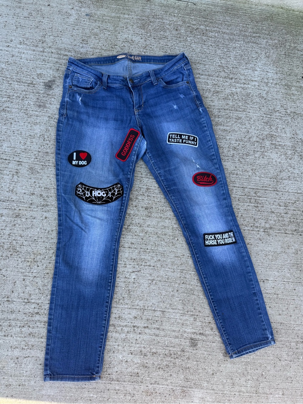 Old Navy Rockstar Skinny Denim Blue Distressed Jeans With Patches Size 14